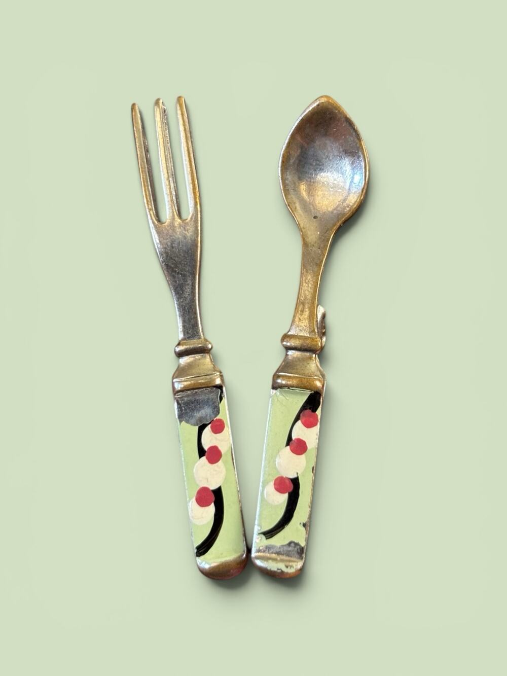 Vintage Miniature Spoon Fork Sweater Clips Enamel Utensil Brooch Pair